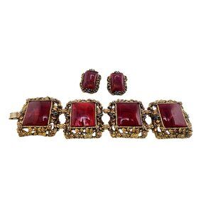 Vintage Marbled Resin Chunky Bracelet & Earrings Set (A5778)